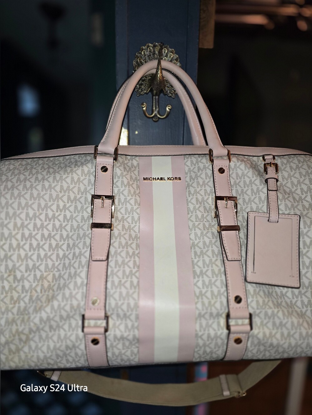 Michael Kors Pink & Cream MK Signature Duffel Bag